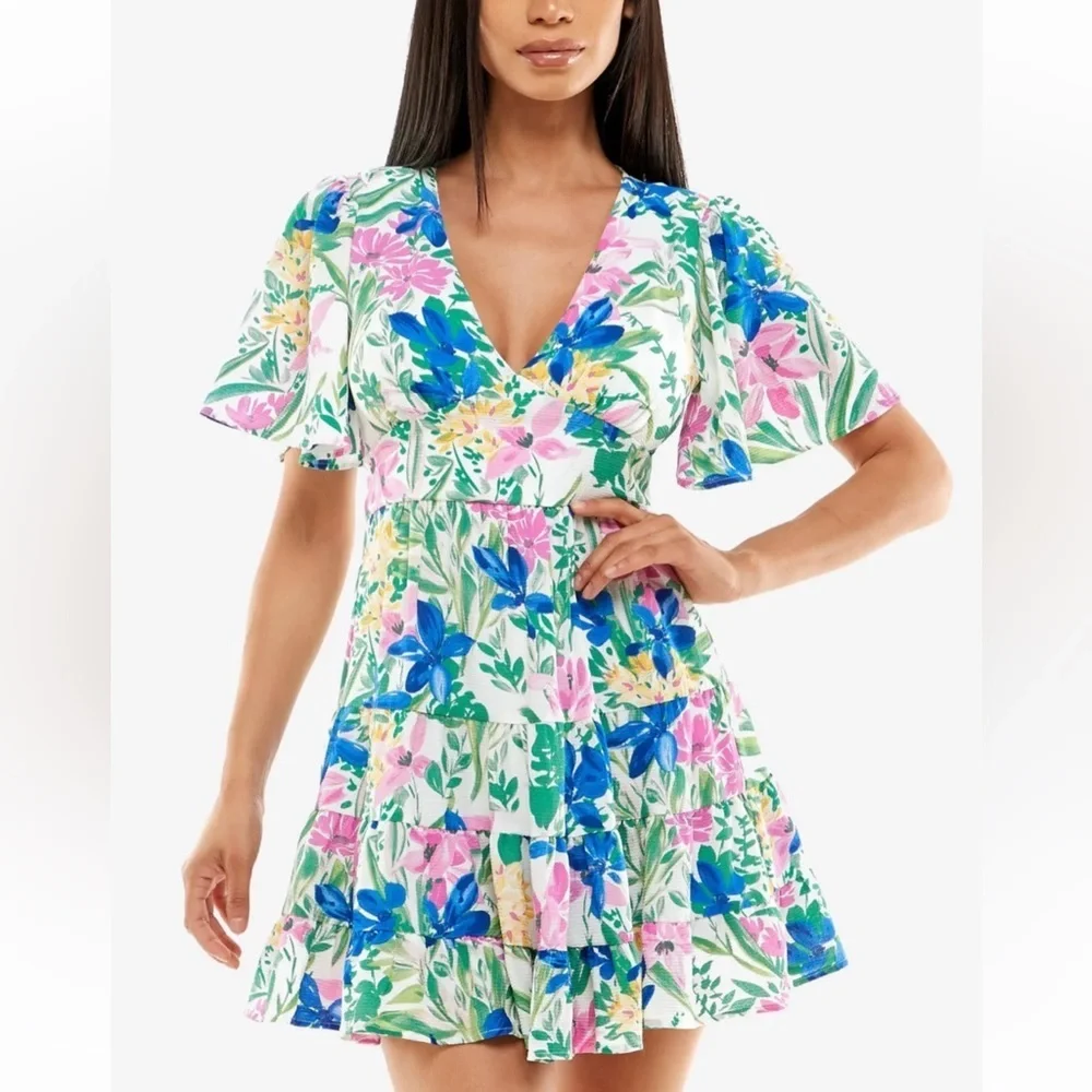 B DARLIN Floral Ruffle Pleated Textured Flutter Sleeve Size 9/10 - Picture 1 of 9